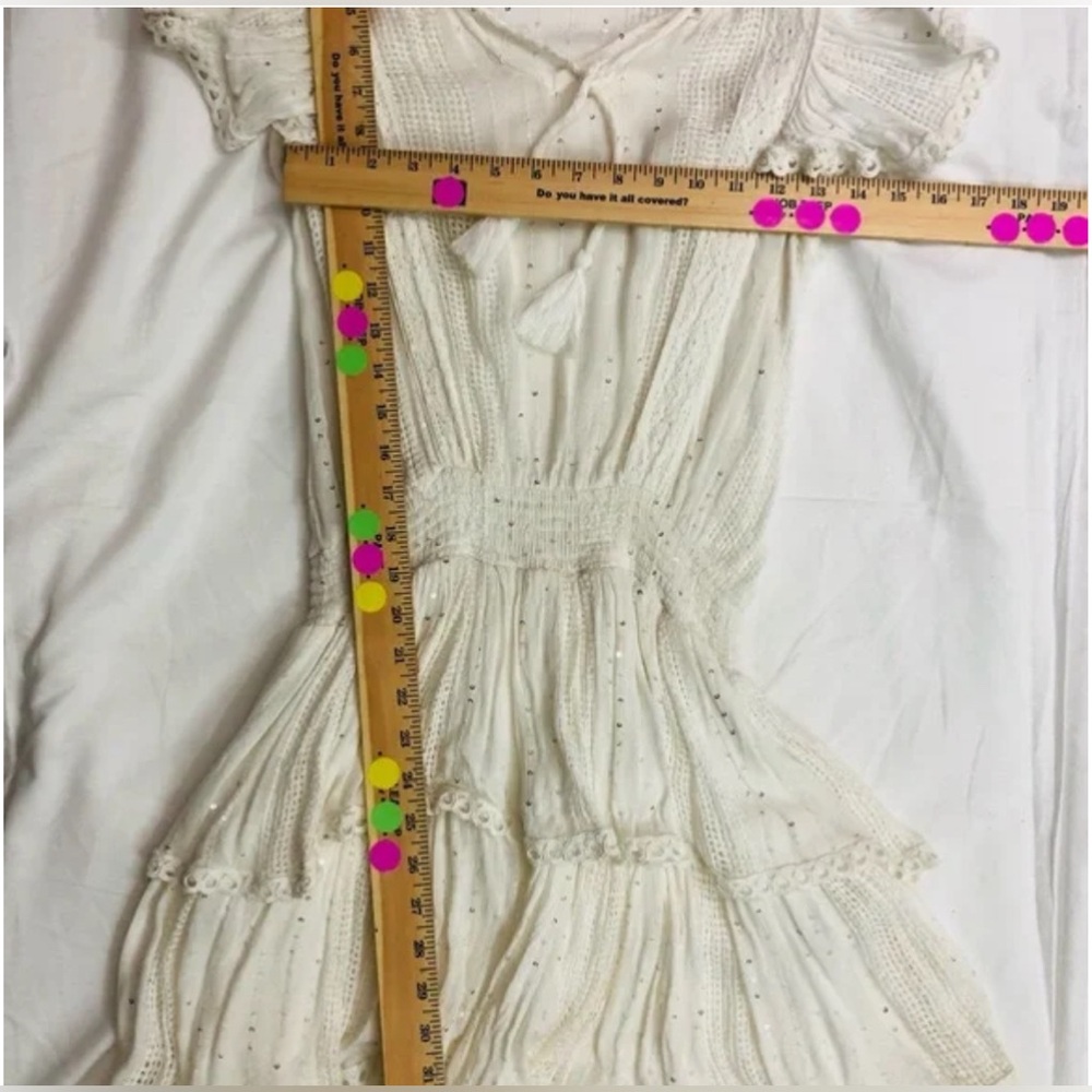 Surf Gypsy 💫 Ivory White Sequin Smocked Boho Coverup Mini Dress + Ruffles Sz Med - Picture 8 of 9